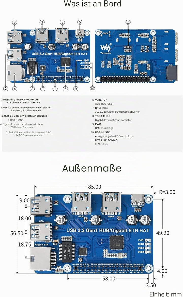 USB 3.2 Gen1 and Gigabit Ethernet HUB HAT for Raspberry Pi Series Board, 3X USB 3.2 Gen1, 1x Gigabit