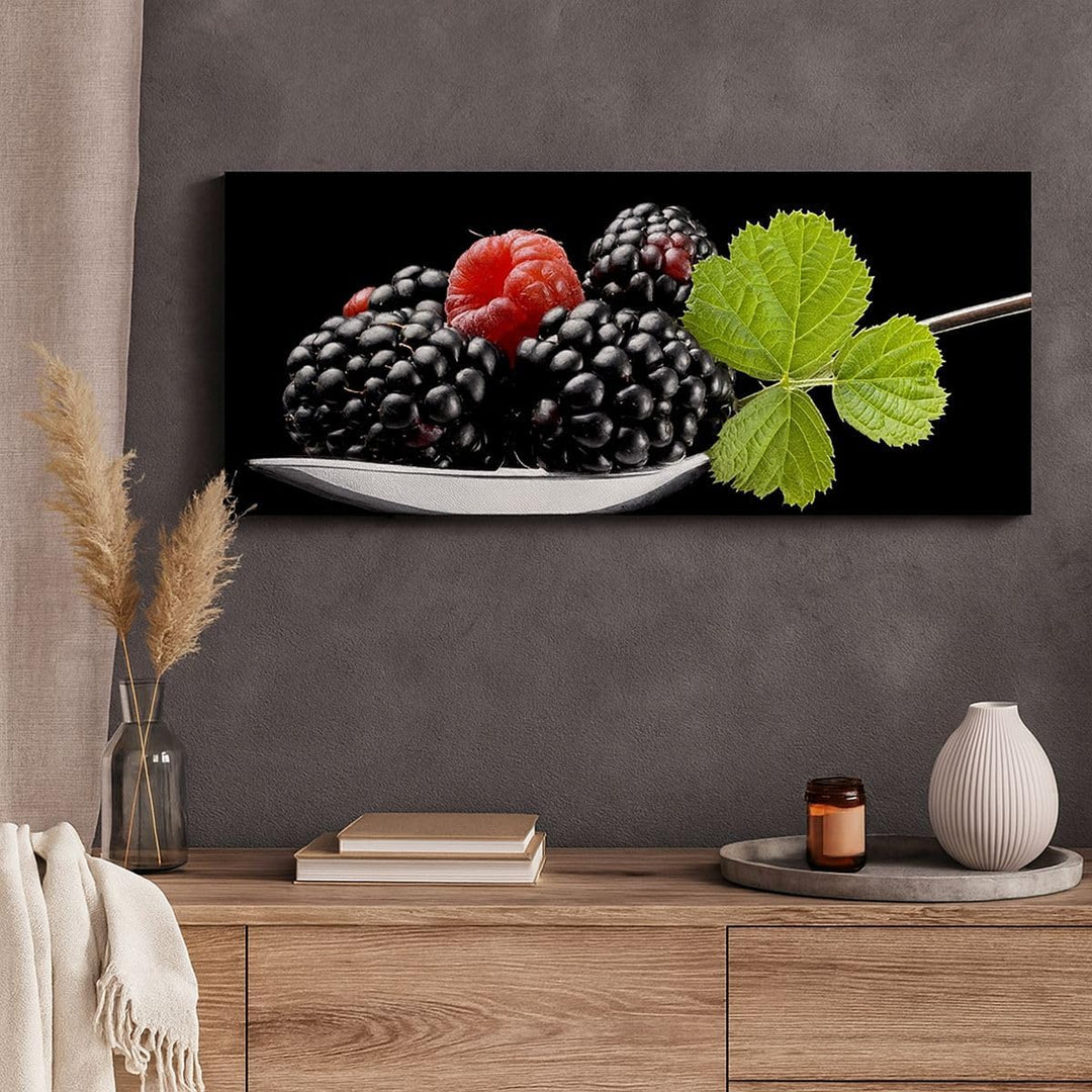 Wandbilder Dekoration Wohnzimmer Löffel Himbeere Brombeere Frucht Panorama Bilder auf Leinwand 120x5