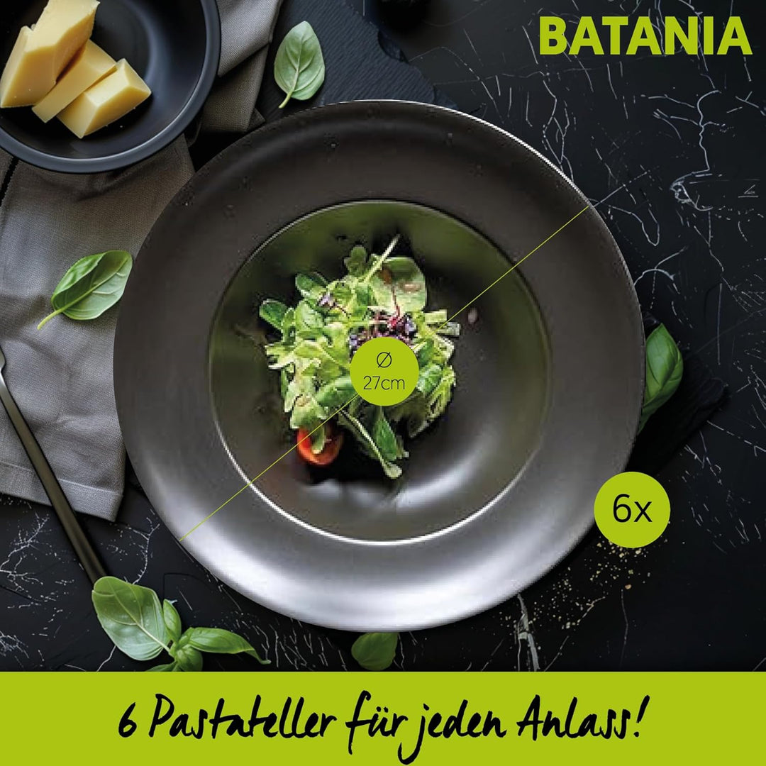 BATANIA 6x Pastateller Bianco rund Ø 27 cm Schwarz - hochwertiges Porzellan, mikrowellen- und spülma