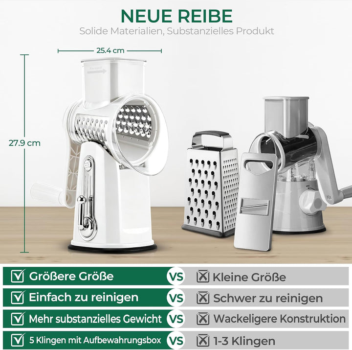 SUSTEAS Käsereibe mit Kurbel - Reibe für Gemüse mit 5 Trommelblättern, Starkem Saugfuss, Gemüseschne