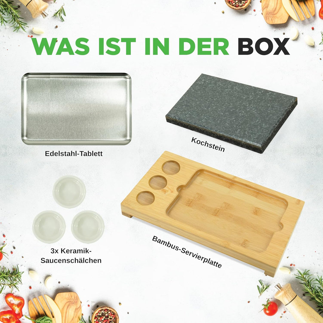 NutriChef Heisser Stein Grillplatte – Tischgrill-Set mit Bambus und Keramik Ideal für Steak und Dinn