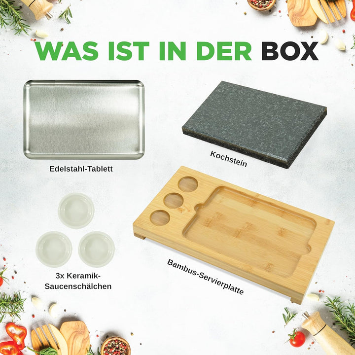 NutriChef Heisser Stein Grillplatte – Tischgrill-Set mit Bambus und Keramik Ideal für Steak und Dinn