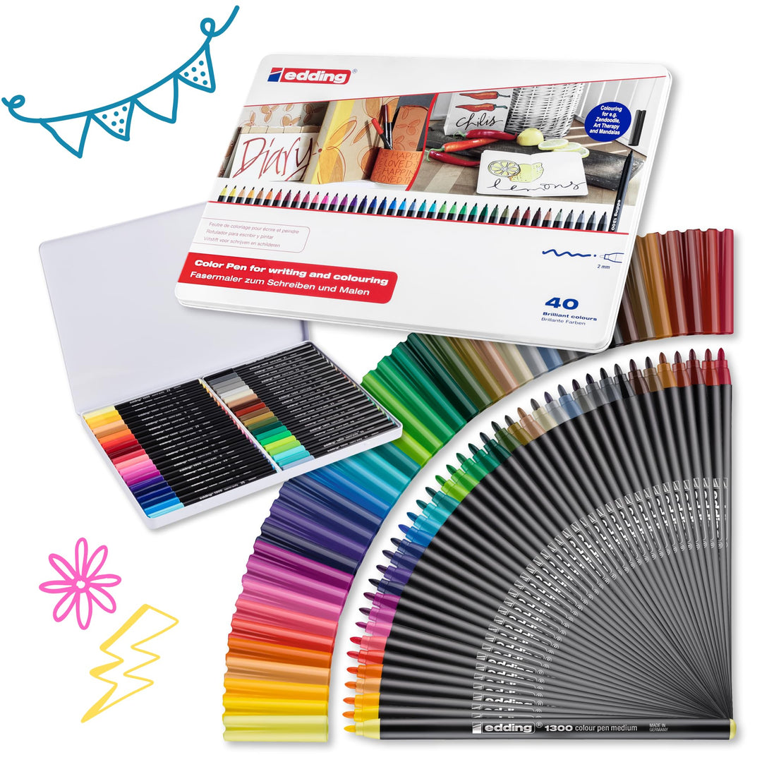edding 1300 Fasermaler medium - mehrfarbig - 40 Stifte - Rundspitze 2 mm - Filzstift zum Zeichnen un