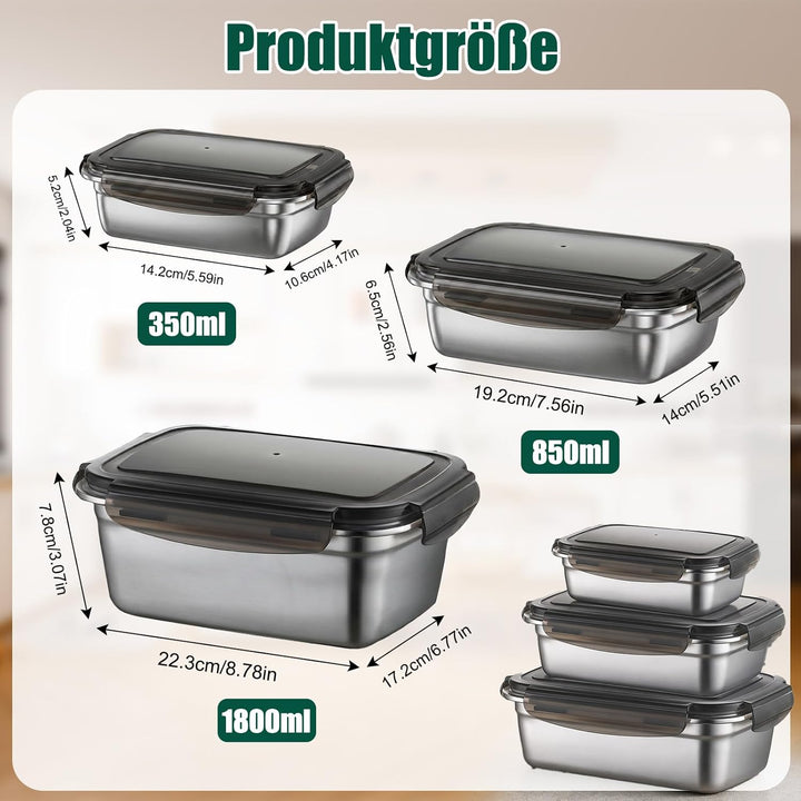 3pcs Brotdose Edelstahl mit Deckel Luftdicht (350ml, 850ml, 1800ml) | Auslaufsichere lunchbox Edelst