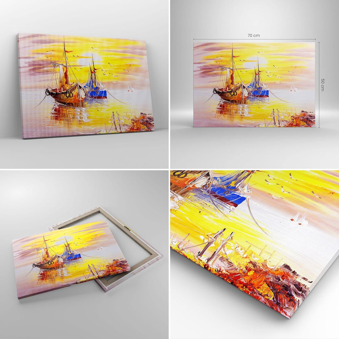 ARTTOR Bilder auf Leinwand Boote Sonne Meer Reisen Leinwandbild 70x50cm Wandbilder Dekoration Wohnzi