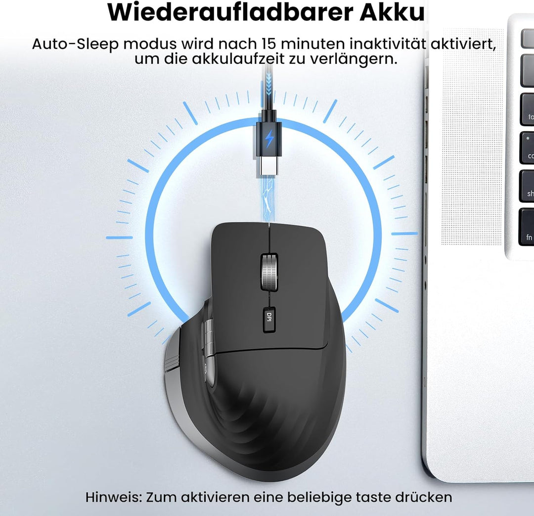 Kabellose Bluetooth Maus, Ergonomische, Wiederaufladbare, Geräuscharme Maus mit Multi-Device-Funktio