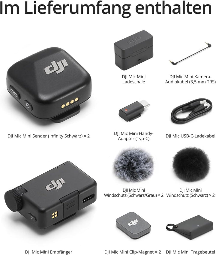 DJI Mic Mini (2 Sender, 1 Empfänger, Ladeschale), Kabelloses Lavalier Mikrofon für Android und iPhon