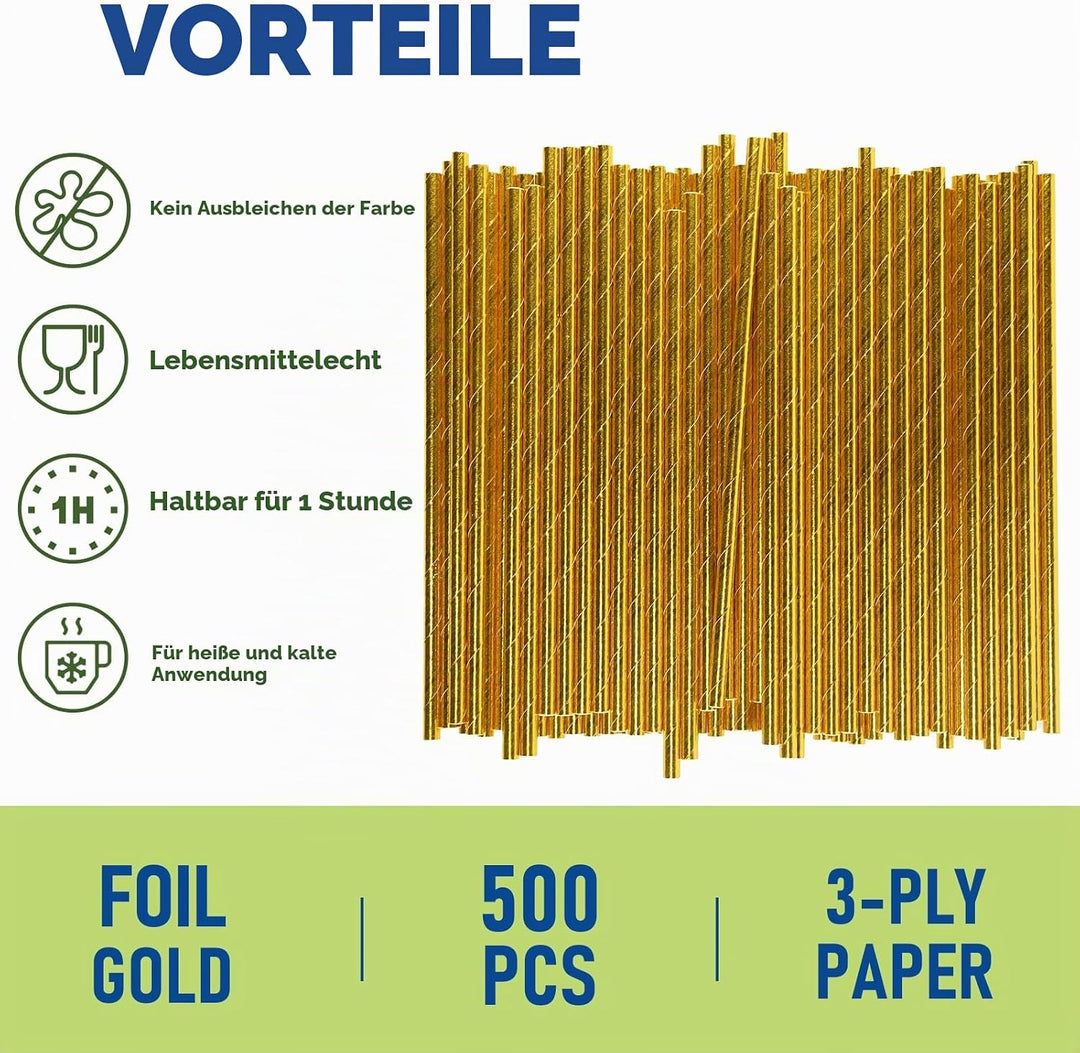 19,7 x 0,6 cm Einweg Trinkhalme aus Goldenem Papier 500 Stück für Cocktails, Hochzeiten, Partys, Sta