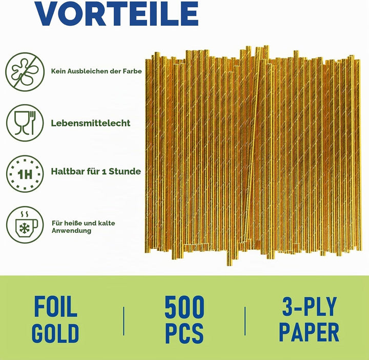 19,7 x 0,6 cm Einweg Trinkhalme aus Goldenem Papier 500 Stück für Cocktails, Hochzeiten, Partys, Sta