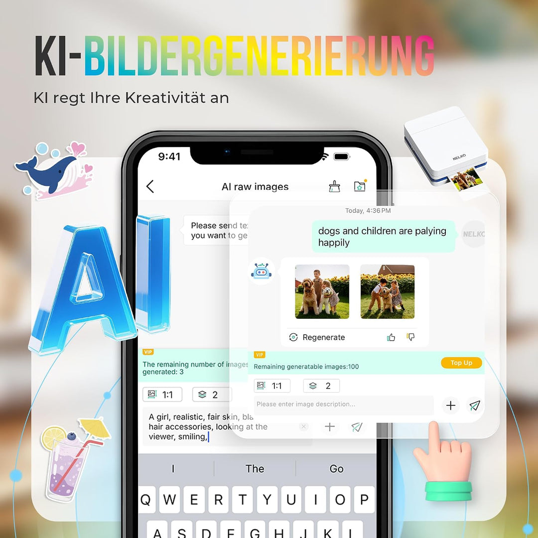 Nelko Fotodrucker PP01 Farbe Tragbarer Mini Fotodrucker für Smartphone mit 20 Fotopapier, Tintenstra
