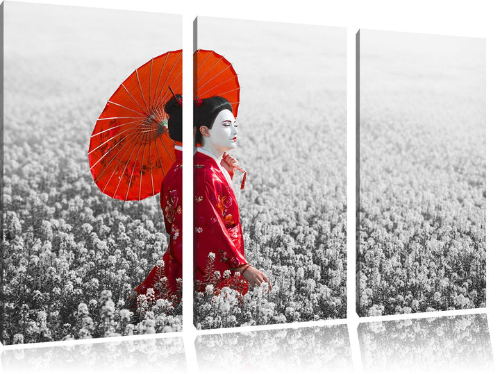 Pixxprint Geisha auf dem Feld als Leinwandbild/Grösse: 3 Teilig (120x80 cm) cm/Wandbild/Kunstdruck/f