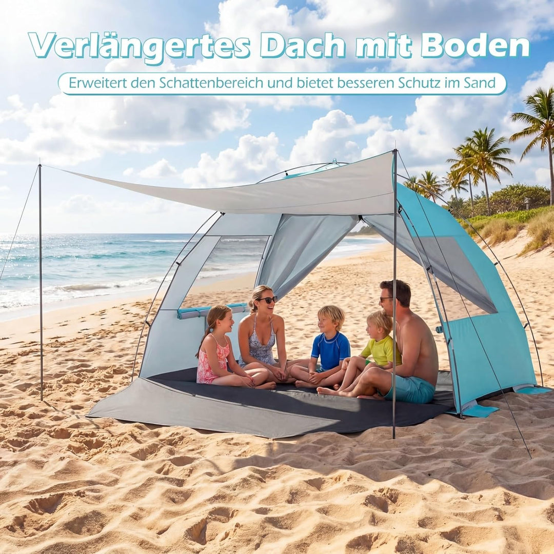COSTWAY Strandmuschel mit Vordach, Strandzelt UV-Schutz 50+ mit Reissverschlusstüren & Netzfenstern,