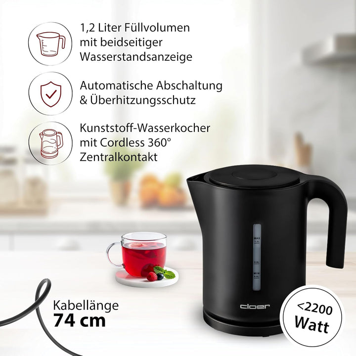 Cloer 4120 Wasserkocher, 2200 W, grosse Wasserstandsanzeige, Trockengeh- und Überhitzungsschutz, 1,2