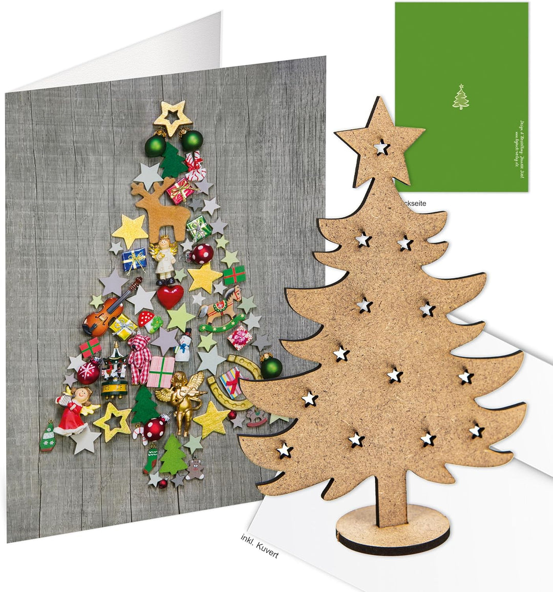 Logbuch-Verlag 10 Weihnachtskarten DIN A6 grau bunt mit Kuverts + Weihnachtsbaum aus Holz - Weihnach