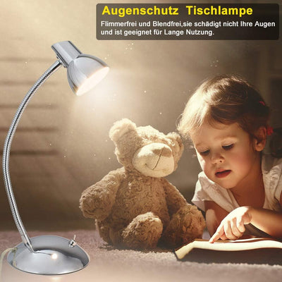 PADMA Schreibtischlampe Kinder Chrom 5W Tischlampe Led Wohnzimmer Silber 400LM Leselampe Warmweiss S