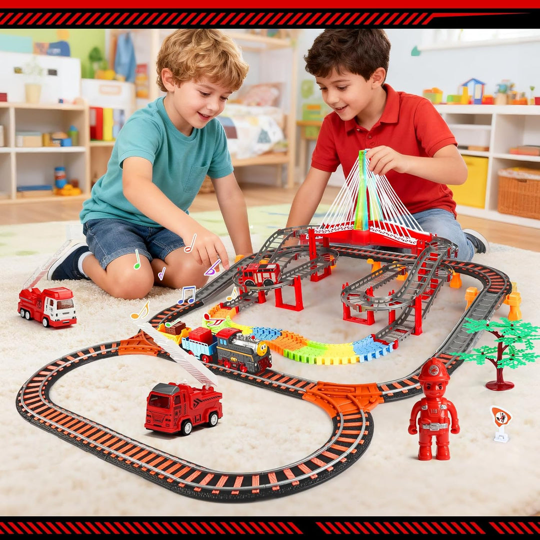 JONRRYIN Kinder Eisenbahnschiene Zug Spielzeug Set, Autorennbahn Spielzeug mit Zug&Autobahnautos, fü
