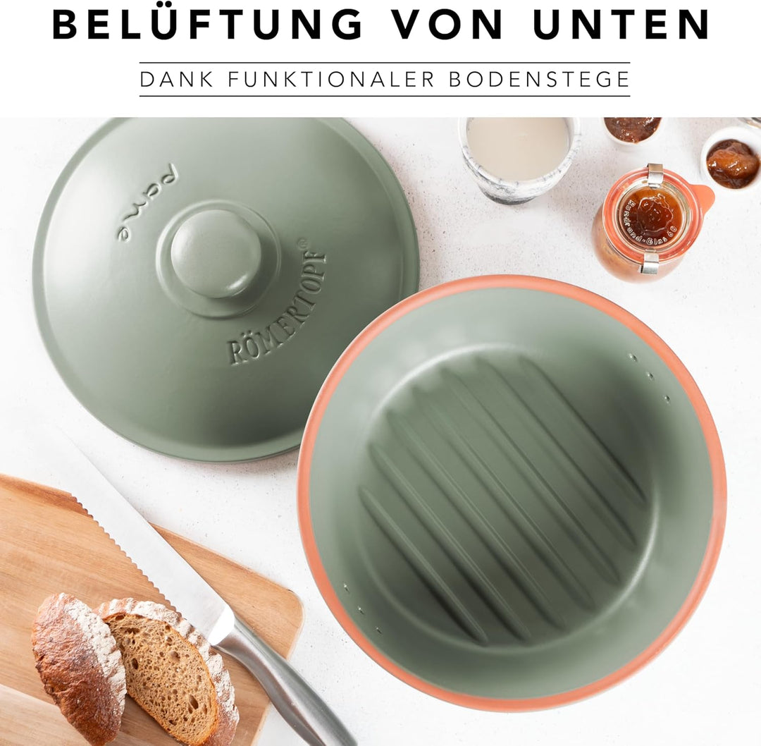 Romertopf Brottopf Rund Ø 30cm - Brotkasten Grün aus Keramik - Atmungsaktiver Tontopf für langanhalt