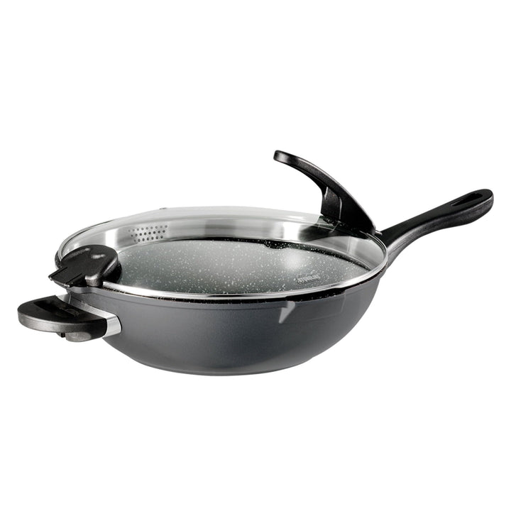 Stoneline Future Wok 32 cm, mit Sieb-Glasdeckel, mit austauschbaren Griffen, induktionsgeeignet, Alu