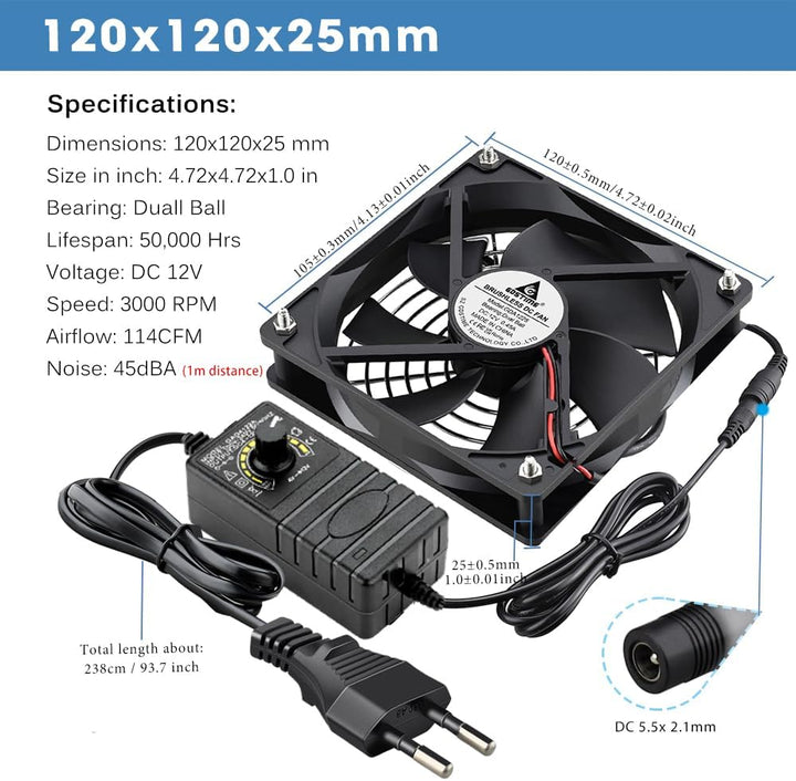GDSTIME 12V 120mm Lüfter 120mm Gehäuselüfter mit Geschwindigkeitskontrolle AC 220V - 240V Lüfter 300