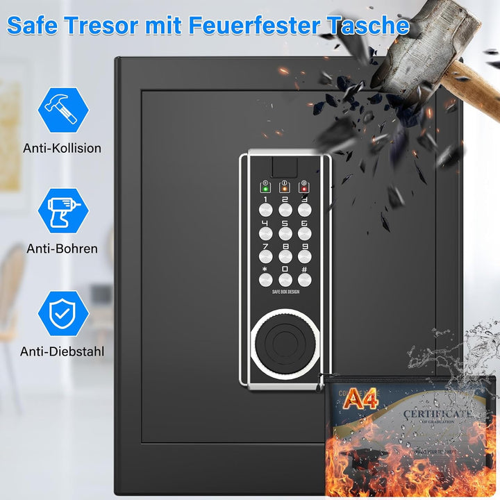 45L Grosser Feuerfester Tresor Safe mit Feuersichere Dokumententasche, Digitaler Möbeltresore mit 2