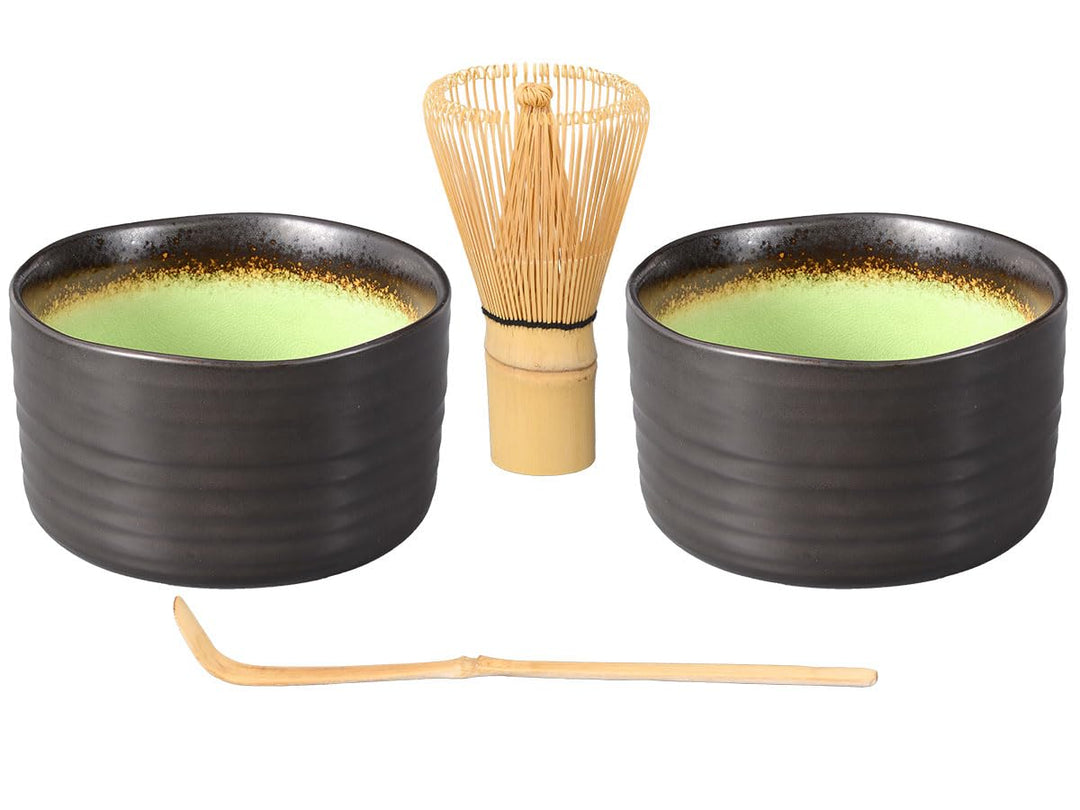 Matcha-Set 4-teilig, bestehend aus 2 Matchaschalen anthrazit/grün mit Craquelé-Muster, Matchalöffel