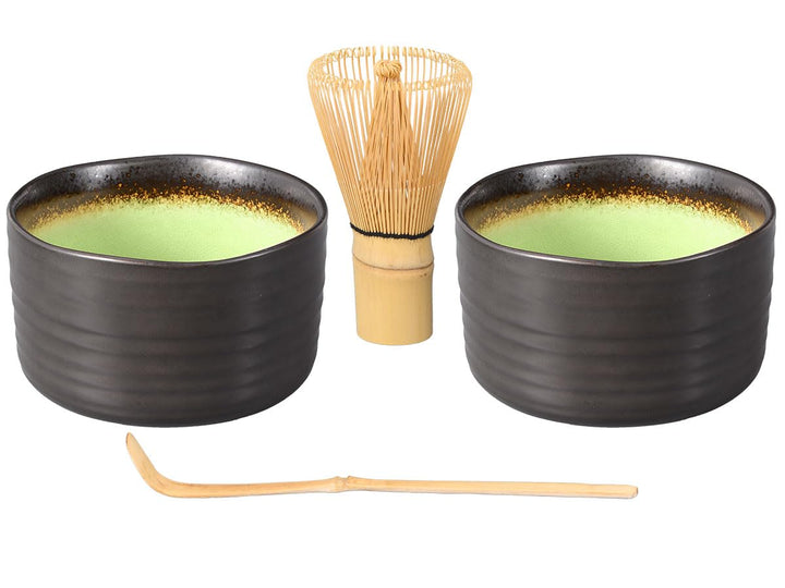 Matcha-Set 4-teilig, bestehend aus 2 Matchaschalen anthrazit/grün mit Craquelé-Muster, Matchalöffel