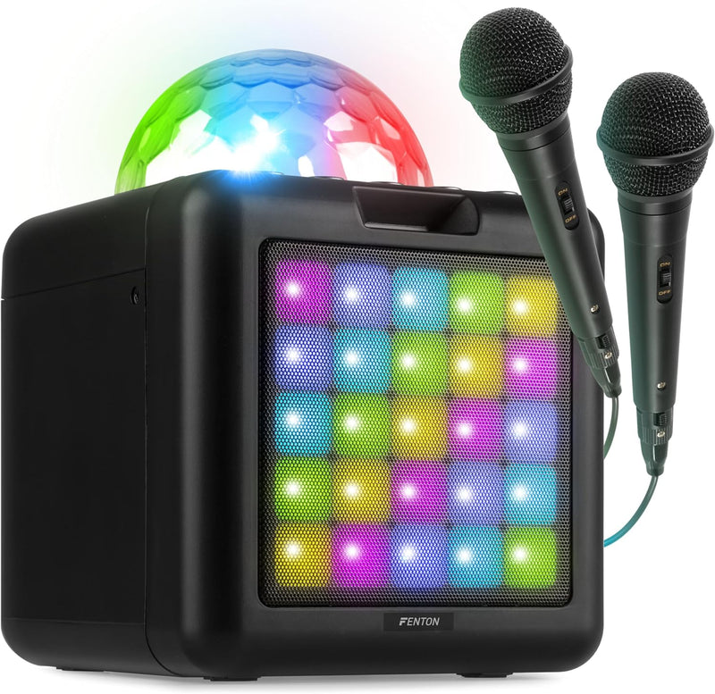 Fenton KAR15B Mobile Karaoke Maschine Kinder mit 2 Mikrofonen, Bluetooth, Akku, LED-Lichteffekte, Ec