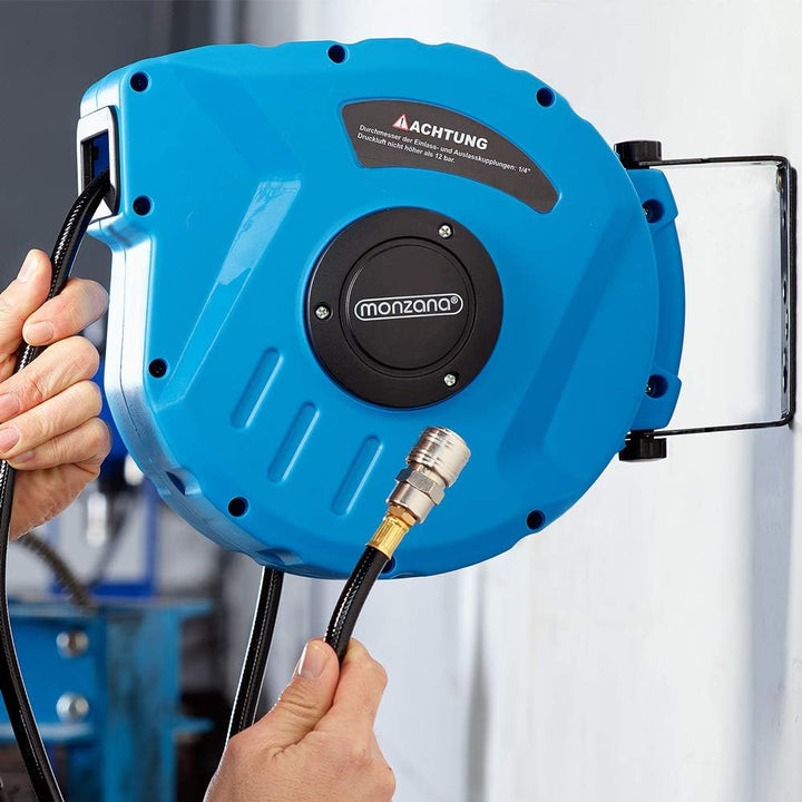 DEUBA® Druckluft Schlauchtrommel 10m+1m Automatischer Einzug 3/8' Anschluss 12 bar Ø12mm Automatik S