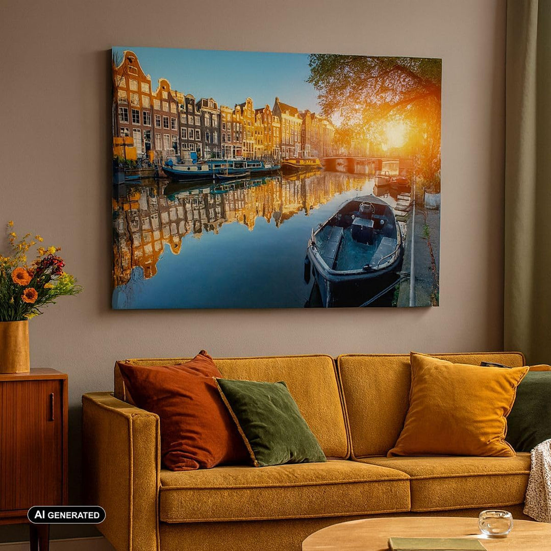 Bilder auf Leinwand 100x70cm Leinwandbild Kanal Boot Amsterdam Wasser Gross Wanddeko Bild Schlafzimm