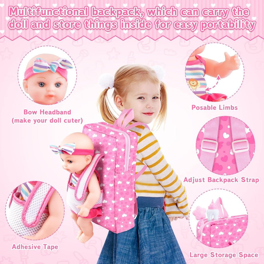 deAO 12”Baby Puppe, Spielpuppe mit Backbag, Handheld-Halterung, Tragbarer Schulranzen, Puppenkleidun