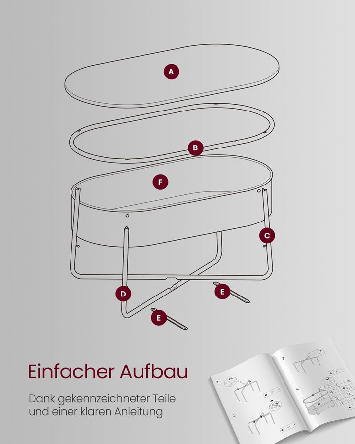VASAGLE Couchtisch oval, Tisch mit Stauraum, Beistelltisch, Wohnzimmertisch mit Korb aus Stoff, mode