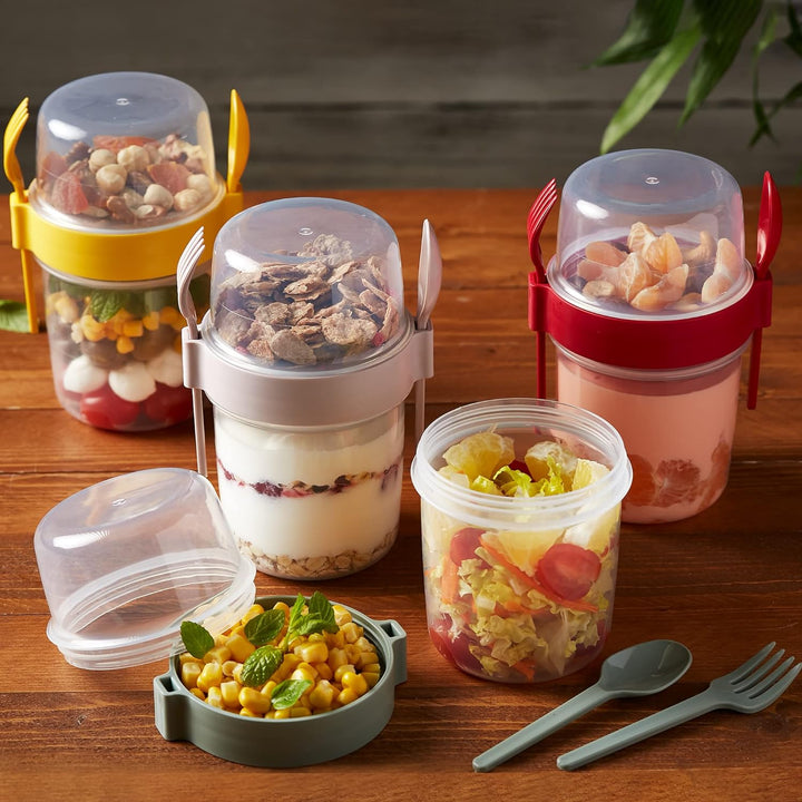 CRYSTALIA Müslibecher to Go mit Löffel & Gabel Set 4, 100 % BPA-FREI Joghurt Becher to Go mit Deckel