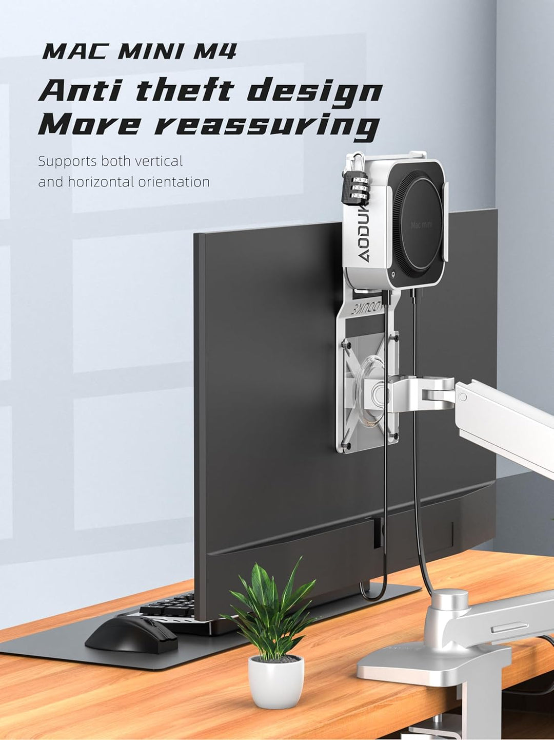 Aluminum Alloy 2024 Mac Mini M4 with Combination Lock Security Bracket, Compatible with VESA Hole Mo