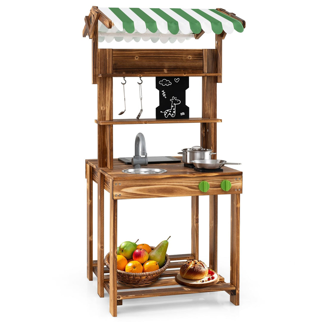 COSTWAY Matschküche Kinder Outdoor, Doppelseitige Kinderküche mit Dach, Schultafel, Spüle & Wasserha