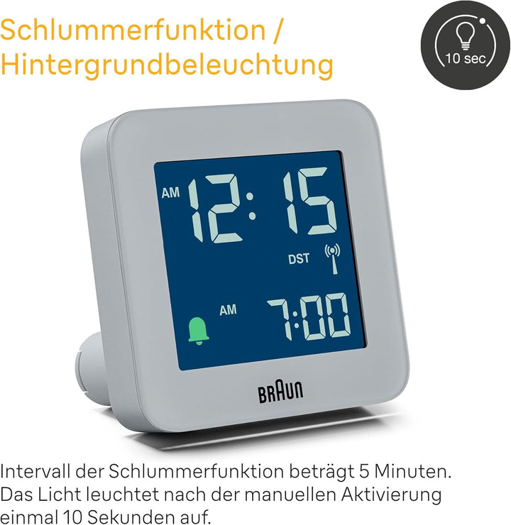 Braun Digitaler Funkwecker für die mitteleuropäische Zeitzone (DCF) mit Schlummerfunktion, LCD-Displ