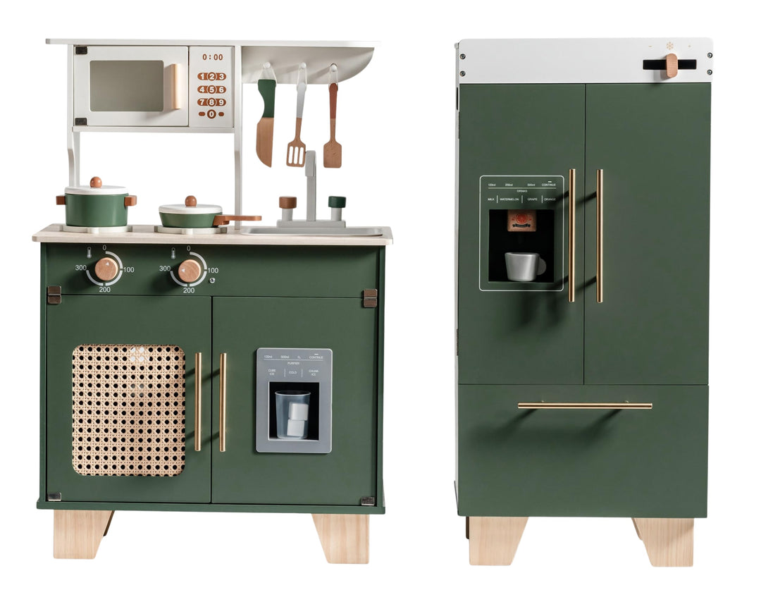 ROBUD Kinderküche + Spielkühlschrank Holz, Spielküche Kinder Küche mit Vorgetäuschtem Eiswürfelspend