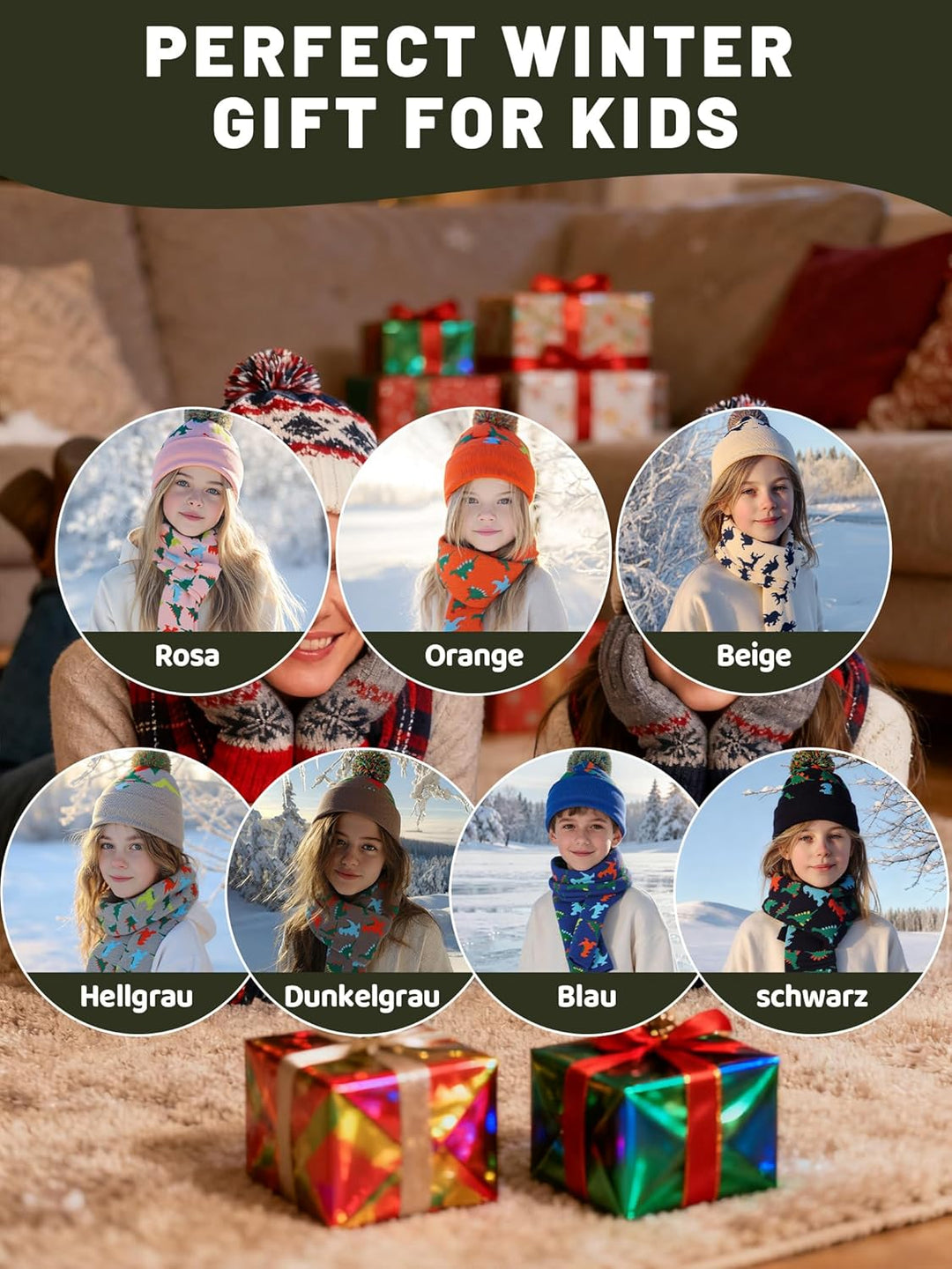 NATUST Mütze Schal Handschuh-Sets für Jungen Dinosaurier Wintermütze mit Bommel Warmer Strickschal H