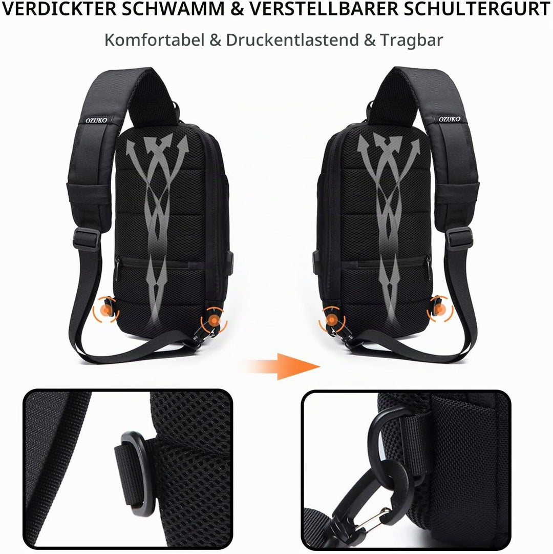 FANDARE Neu Herren Schultertasche Brusttasche mit Passwortschloss, USB, Reflektierende Streifen Umhä