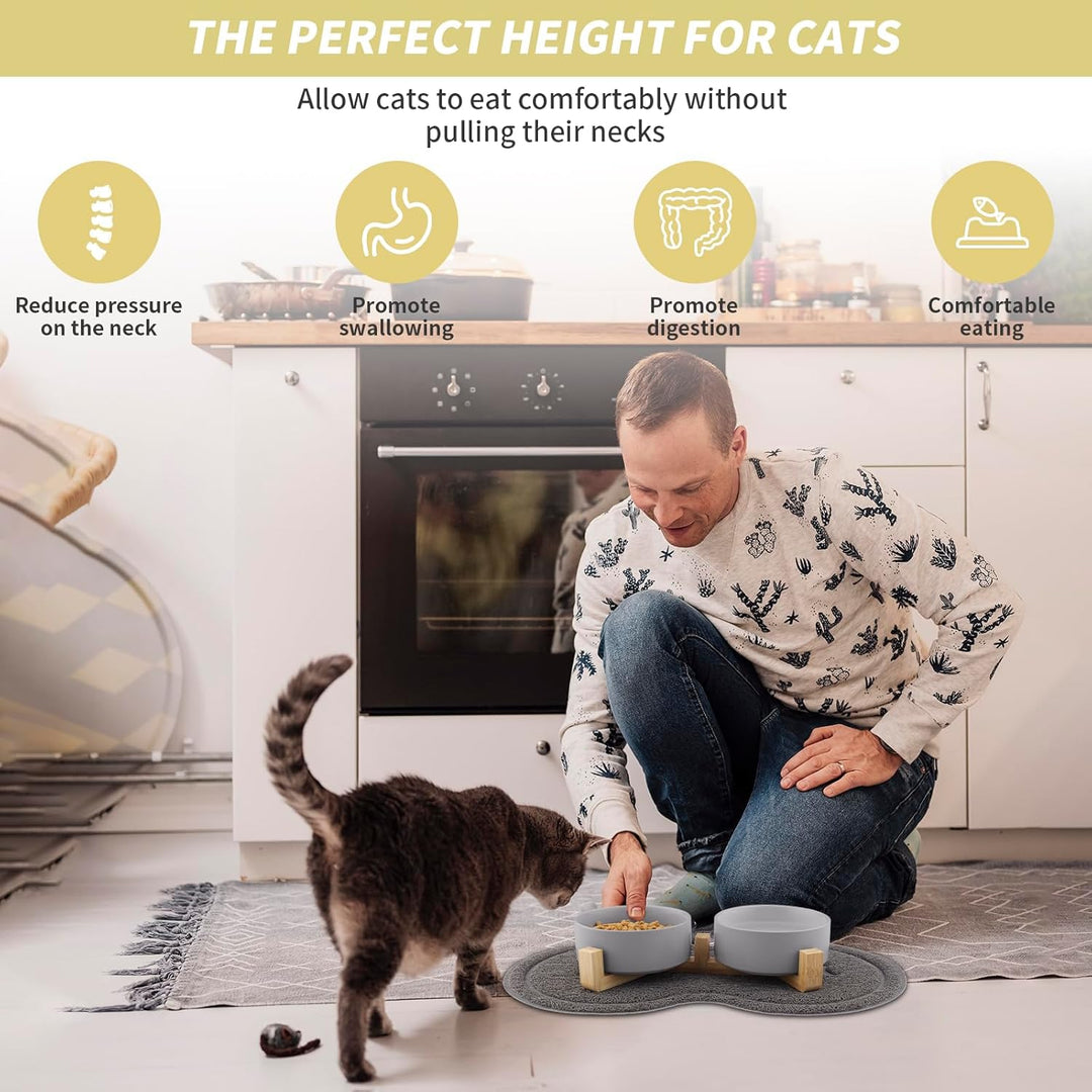 Katzennapf, 2 Stück Keramik Futternapf Katze Set, 3-in-1 rutschfeste Katzennäpfe mit Holzstände und