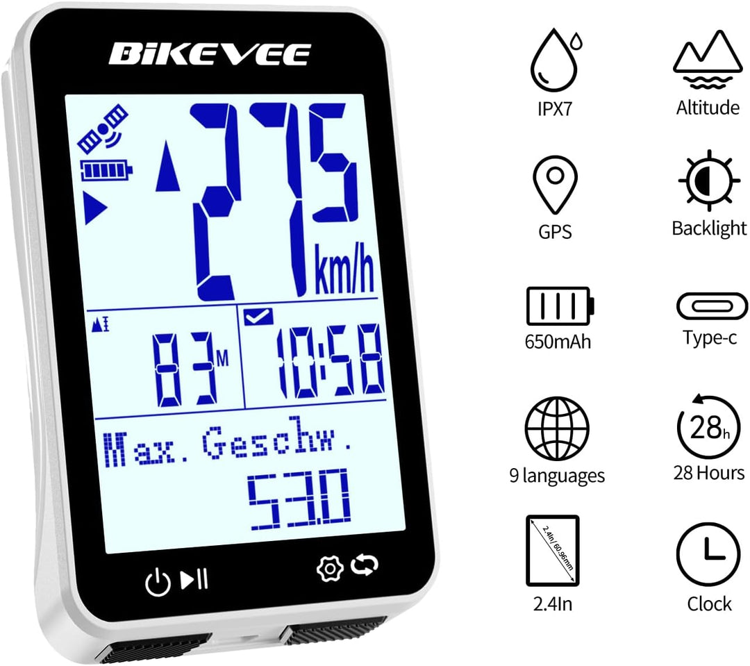 GPS Fahrradcomputer Kabellos IPX7 Wasserdicht 2.4'' FSTN Display 28H Akku Weiss-B【Verlängerte Fronth