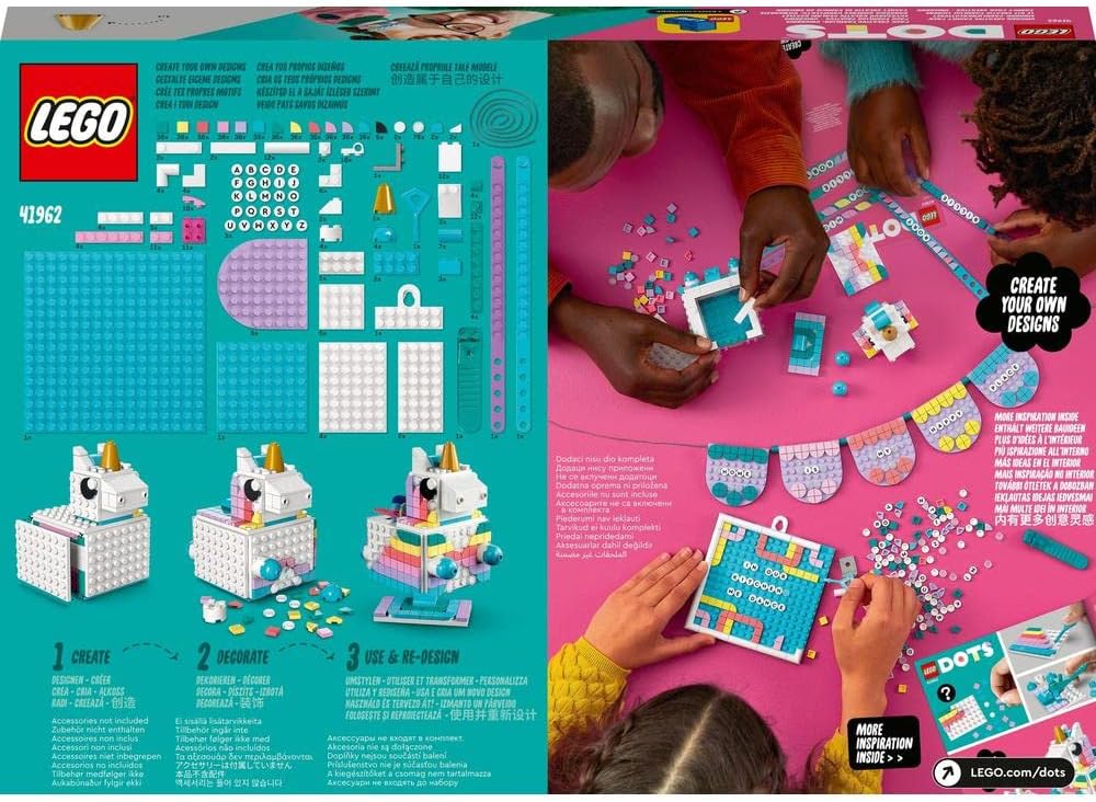 LEGO 41962 DOTS Einhorn Familienkreativset, Spielzeug Bastelset mit Schmuckkästchen, 2X Armband, Mes
