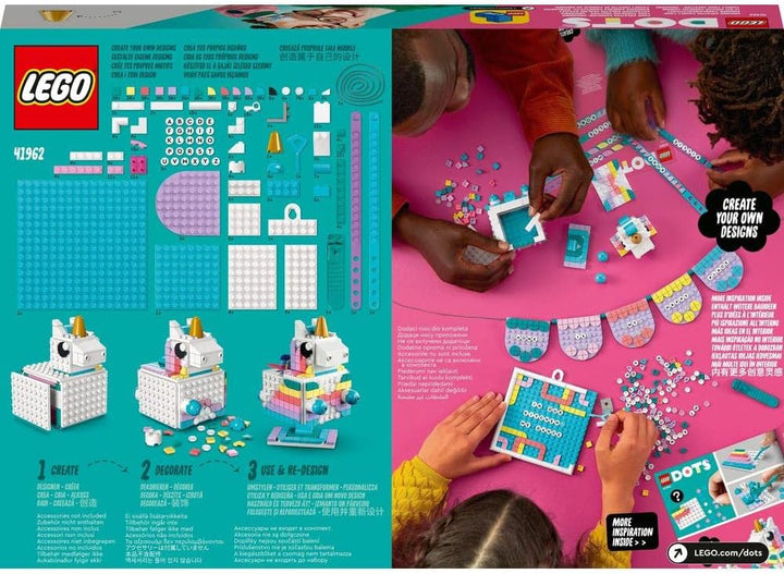 LEGO 41962 DOTS Einhorn Familienkreativset, Spielzeug Bastelset mit Schmuckkästchen, 2X Armband, Mes