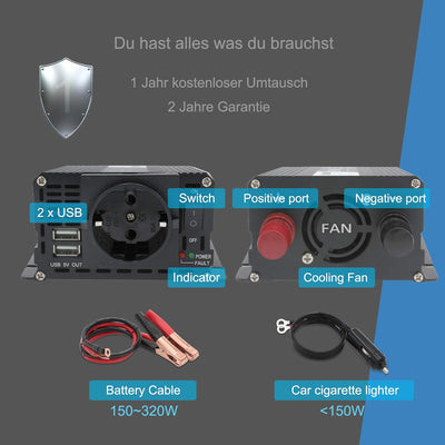 Yinleader Wechselrichter 400W 12V auf 230V 2 USB kfz Spannungswandler Inverter DC AC Umwandler Strom
