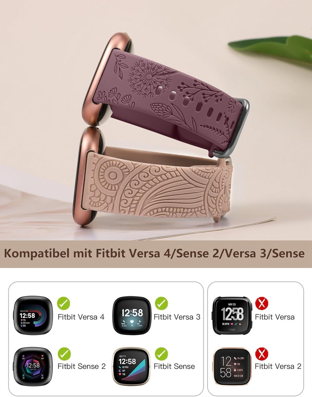 TOYOUTHS 2 Stück Floral Gravierte Armband kompatibel mit Fitbit Versa 4/Versa 3/Sense 2/Sense Armban