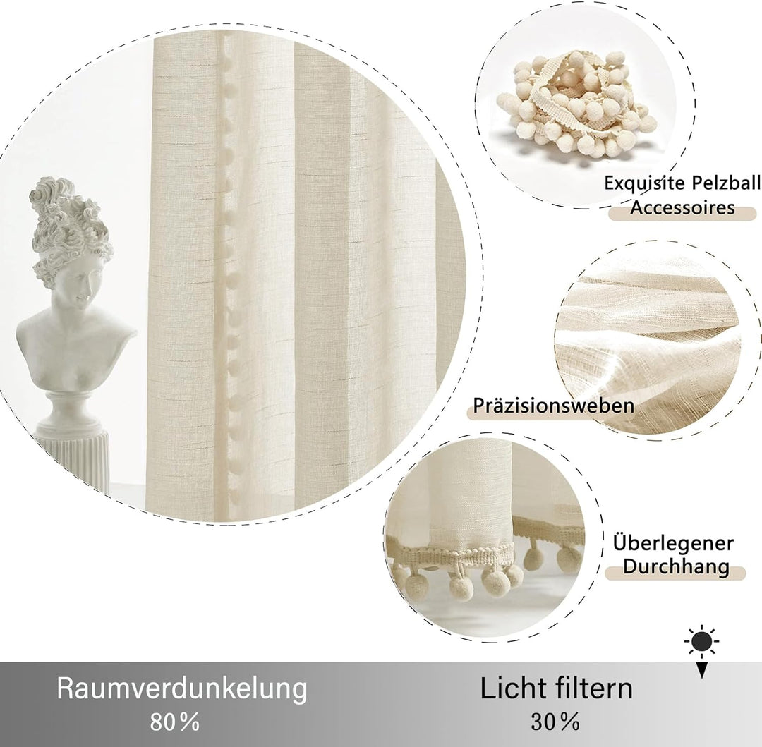 Treatmentex Boho Gardinen mit Pompons Gardinen Ösen 140 cm Breite Transparent Gardinen mit Quasten G
