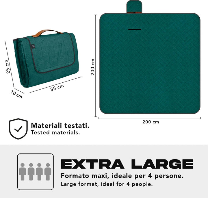 PERLETTI Picknickdecke Wasserdicht Faltbar Gross 200x200 - Outdoor Camping Decke mit Tragegurt - Str