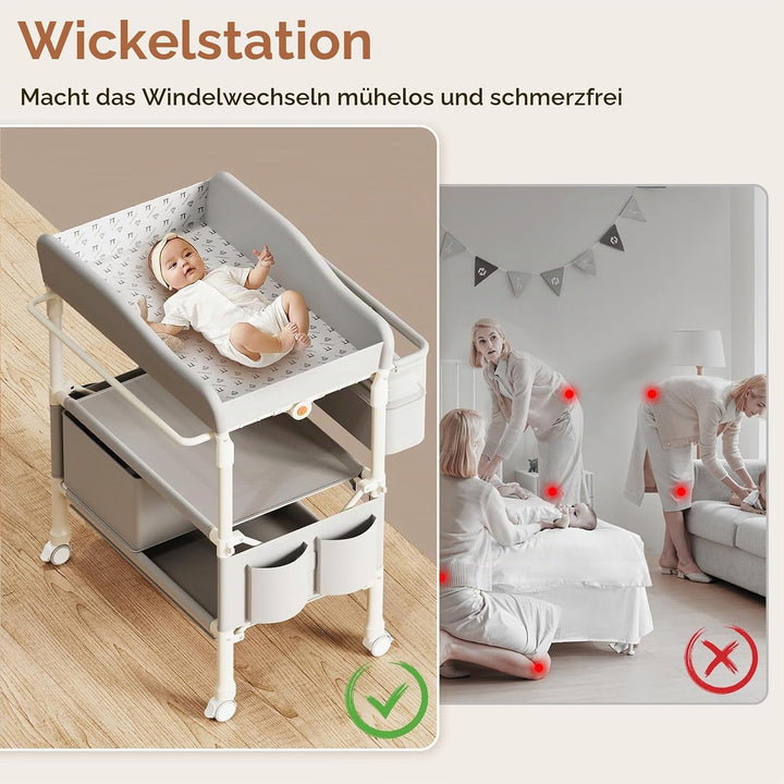 Tragbarkeit Klappbarer Wickeltisch, Multifunktionaler Baby Wickelkommode mit Schubladen, Höhenverste