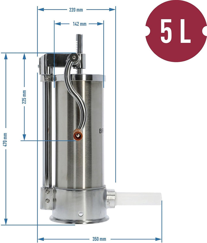 BROWIN® Manuell Wurstfüller aus Edelstahl 311006 | 5 kg vertikale Wurstmaschine | Wurstfüllmaschine