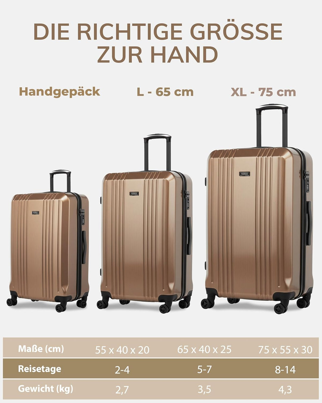 FERGÉ Kofferset 3 teilig Hartschale TSA-Zahlenschloss Cannes Reisekoffer Trolley-Set (Handgepäck, L,