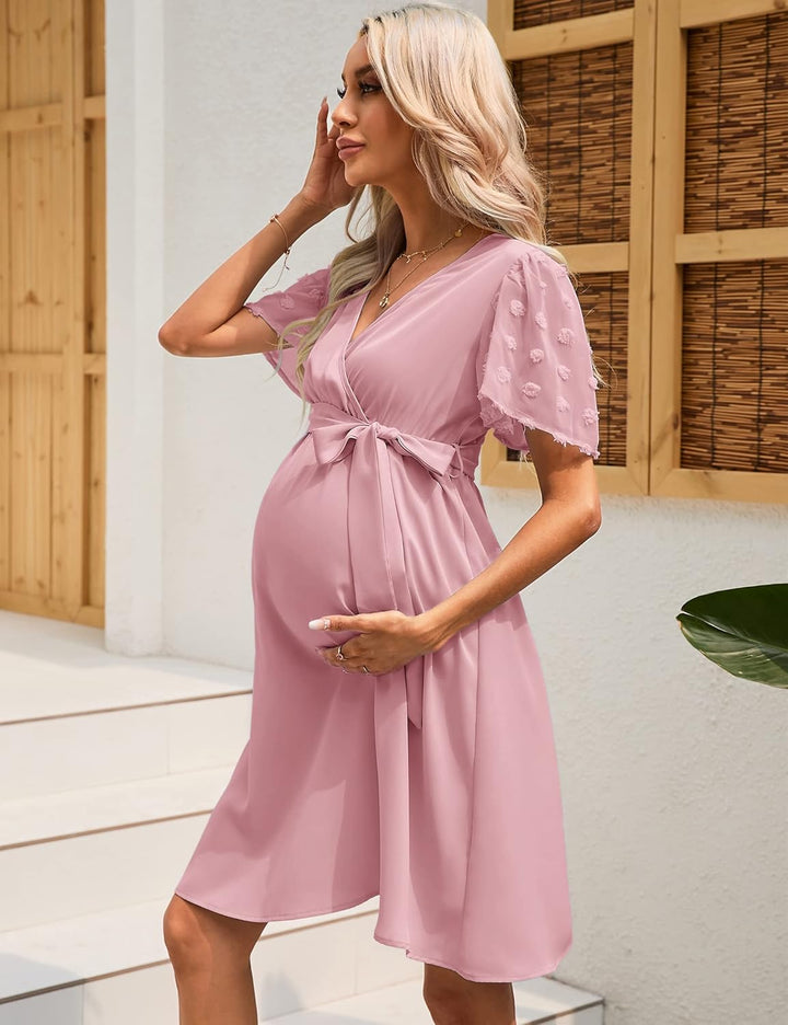 KOJOOIN Damen Umstandskleid Tüll Kurzarm Stillkleid Swiss Dot V-Ausschnitt Schwangere Kleider Mutter